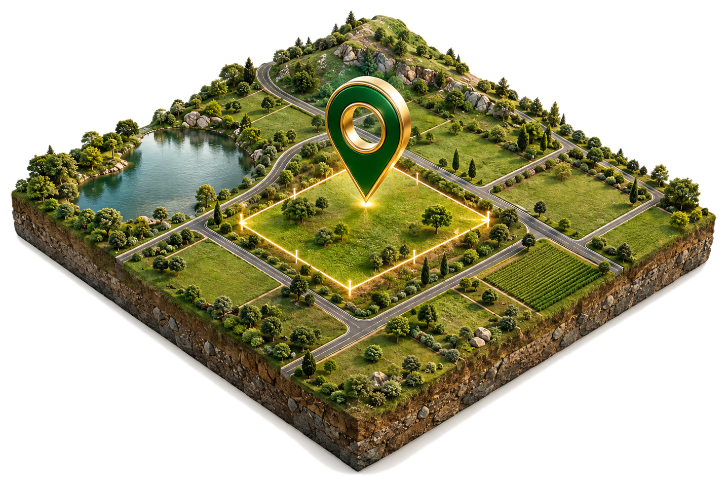 Mapped land with location marker