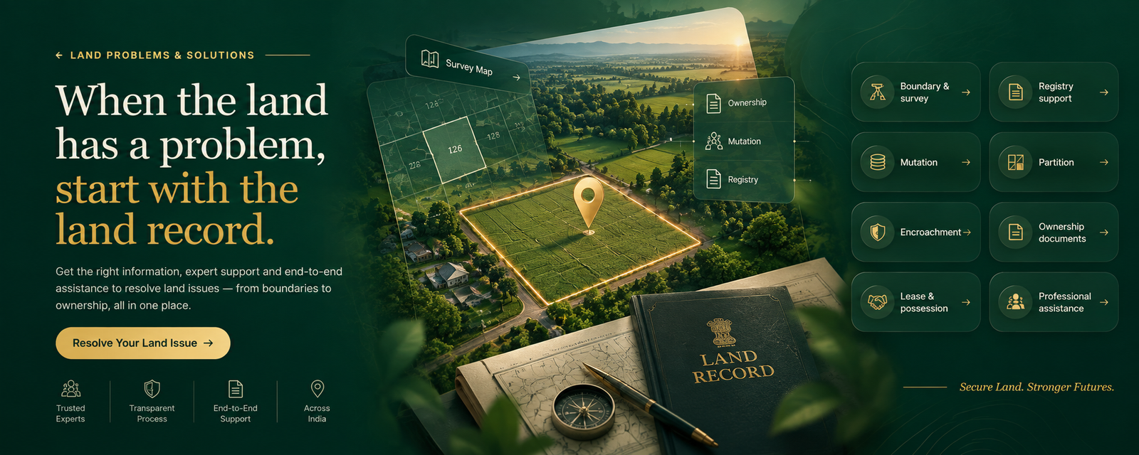Land Problems and Solutions — boundary survey, registry, mutation, partition, encroachment, ownership documents, lease and possession, professional assistance